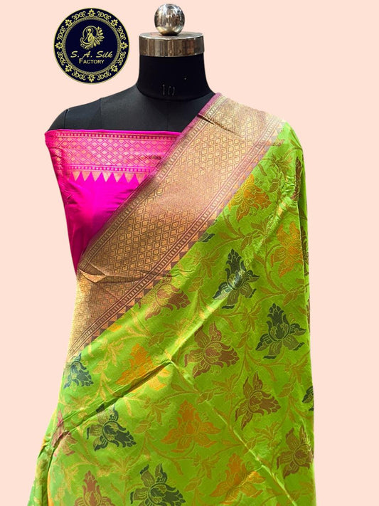 Banaras 100% Pure katan Silk Saree with allover Mina jaal design with zari border