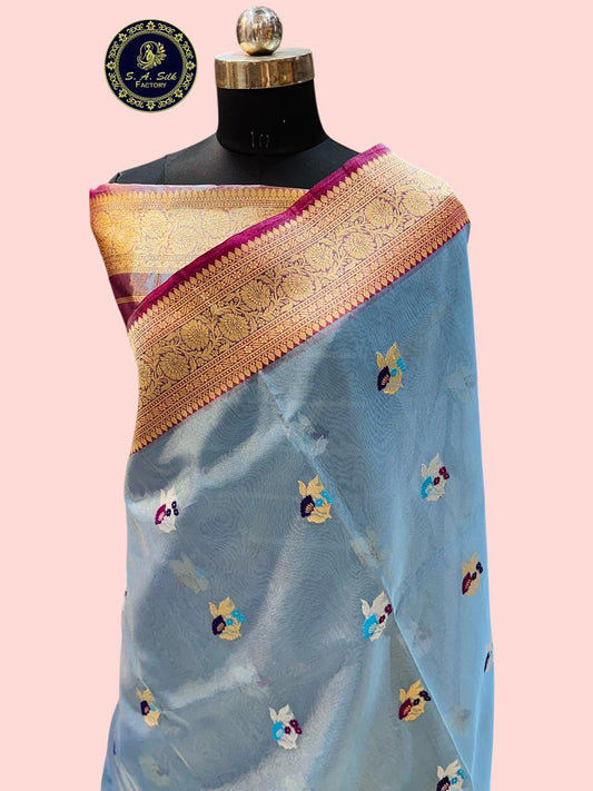 Banaras 100% Pure Tissue Silk Kadhwa Saree with allover Tifli Resham kadua Mina buta design