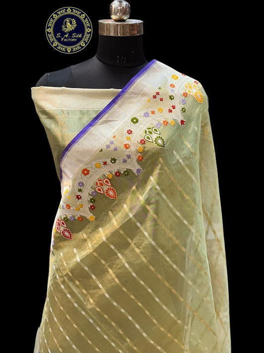 Banaras 100% Pure Tissue katan Silk Saree with allover Tifli Resham zari mina kadua border with buti design