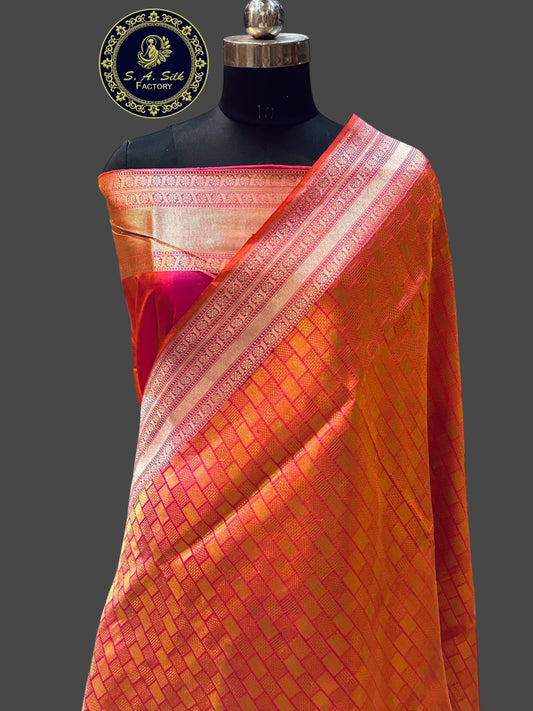 Banaras 100% Pure katan Silk Saree with allover zari box design self plain blouse with Border