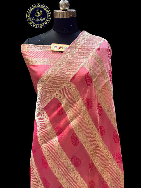 Banaras 100% Pure katan Silk Saree with allover stripe zari and Resham zari border