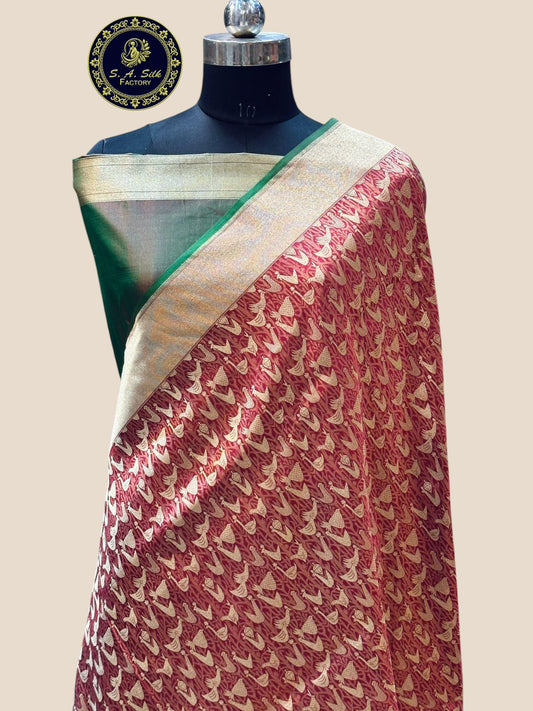 Banaras 100% Pure Katan Silk Saree with allove peacock buta and zari border
