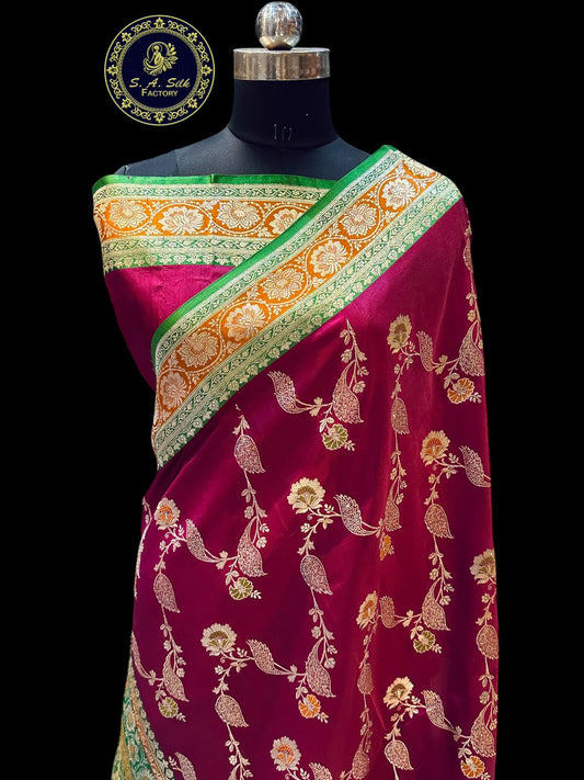 Banaras 100% Pure Katan Silk Saree with patli jaal and on plates buta kadua zari border