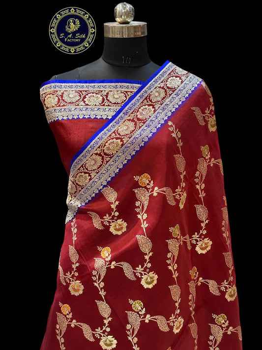 Banaras 100% Pure Katan Silk Saree with patli jaal and on plates buta kadua zari border