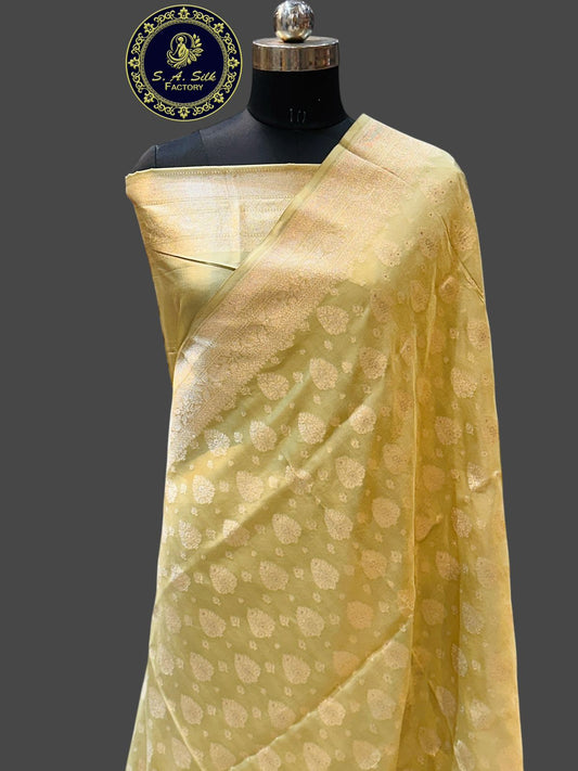 Banaras 100% Pure katan jaal Silk Saree with allover zari weave Buta Design