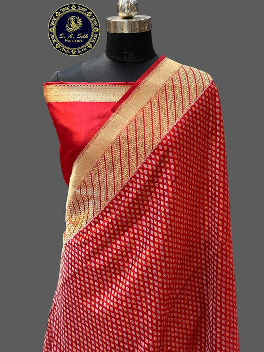 Banaras 100% Pure katan Silk Saree with allover zari weave Mina Sona Roopa Buti Design