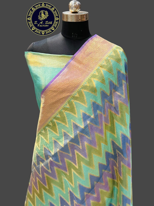 Banaras 100% Pure Tissue katan Silk Saree with allover degital zari weave Zig Zag Design