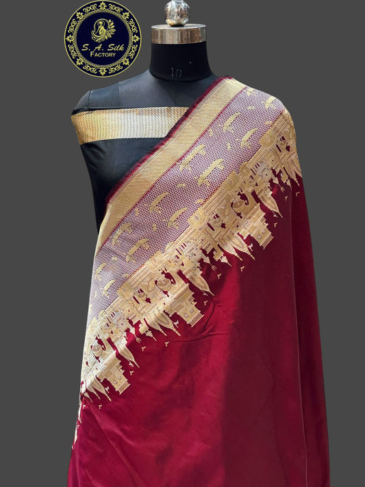 Banaras 100% Pure katan Silk Saree with allover antique zari weave Kadua ghat Design