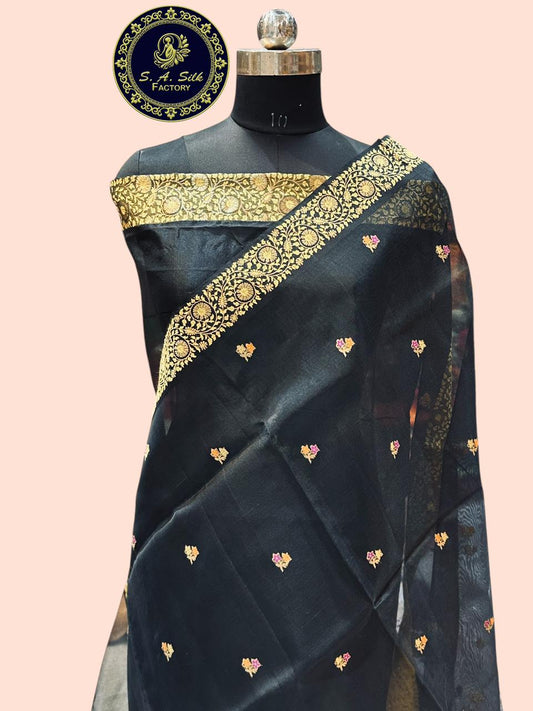 Banaras 100% Pure katan Organza Mina Silk Saree with allover antique zari weave Kadua buti Design