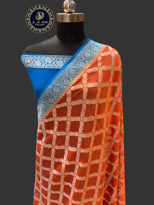 Banaras 100% Pure khaddi chiffon Silk Saree with allover Silver zari Gharchola