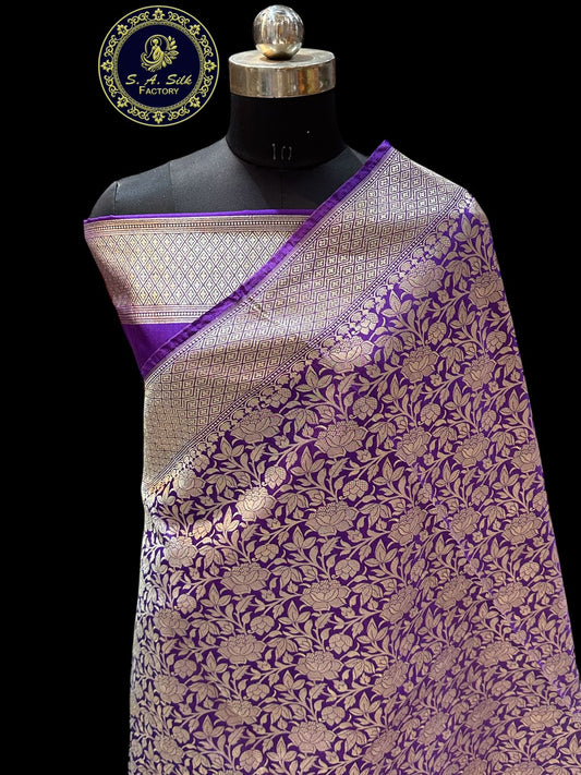 Banaras 100% Pure katan Tanchui Silk Saree with allover Silver Zari jaal weave