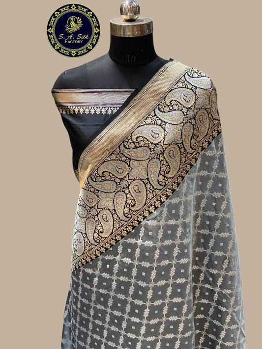 Banaras 100% Pure katan Silk Saree with allover Silver Zari Gharchola jaal