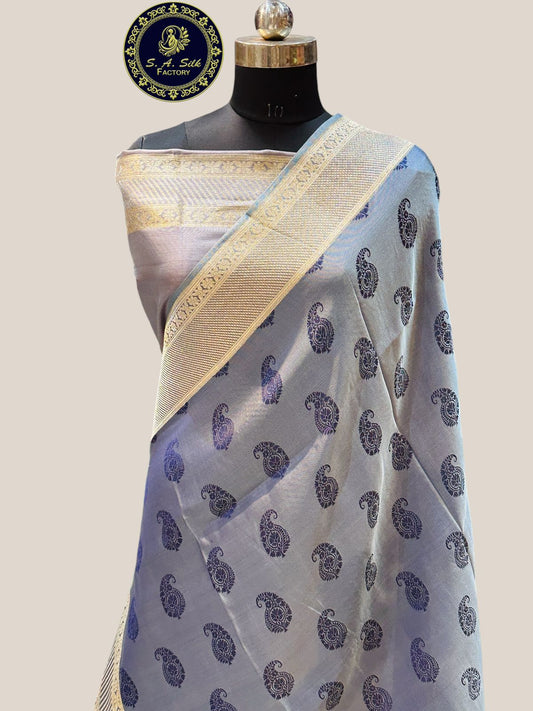 Banaras 100% Pure katan mashru Silk Saree with allover antique Resham buta