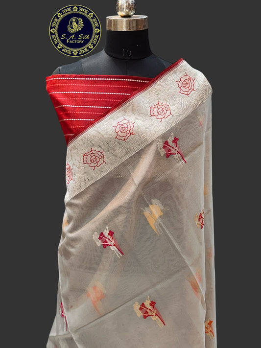 Banaras 100% Pure kadua kora organza Silk Saree with allover antique zari weave