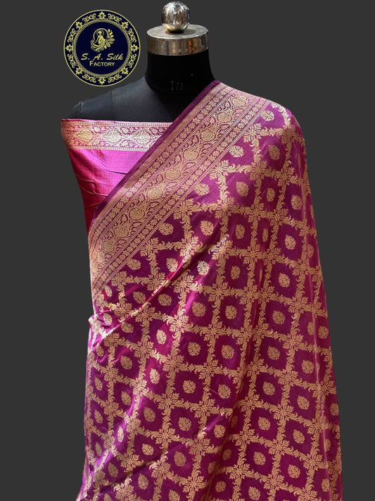 Banaras 100% Pure katan Silk Saree with allover antique zari weave Gharchola jaal Design