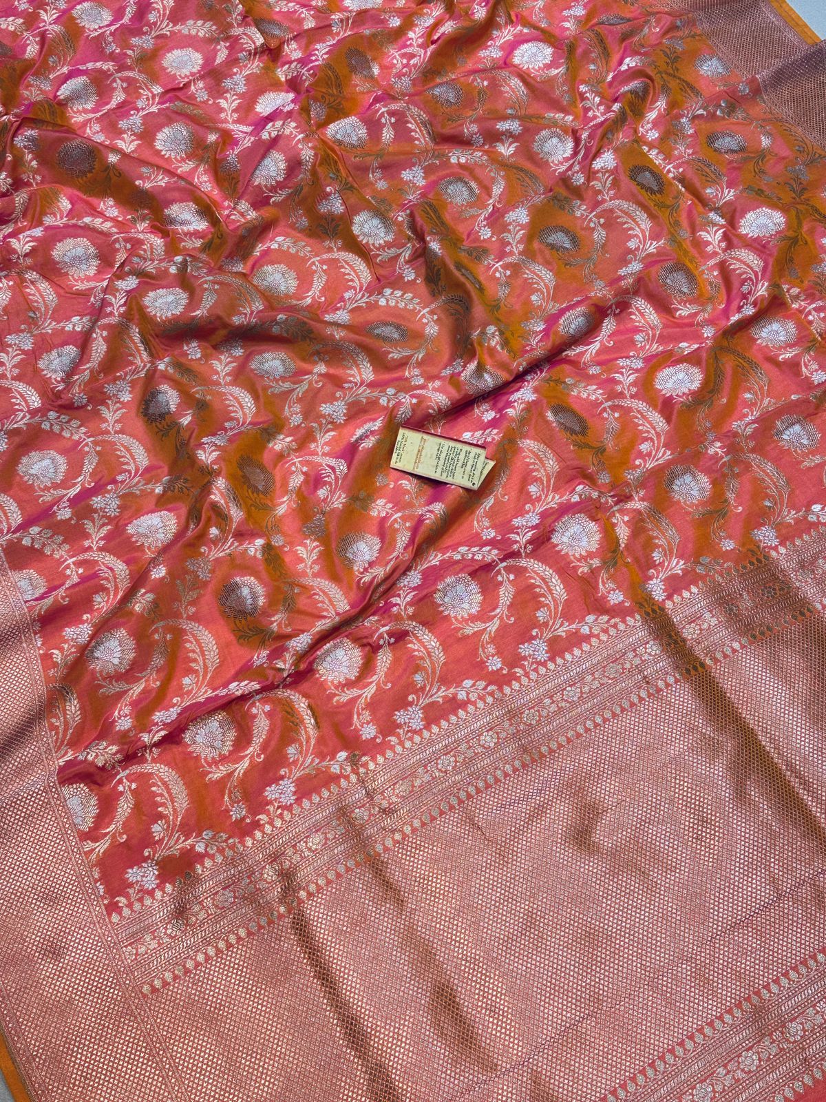Banaras 100% Pure katan Silk Saree with allover antique Sona Roopa minakari Zari jaal