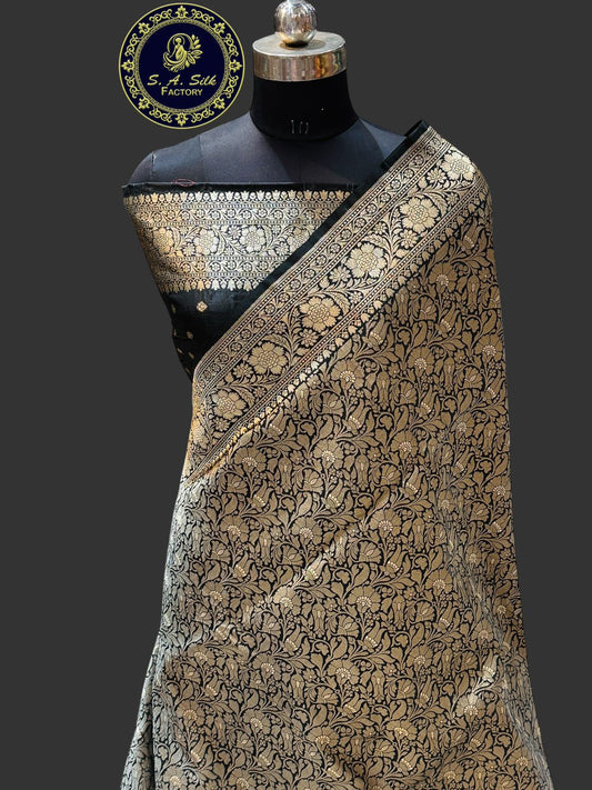 Banaras 100% Pure katan Tanchui Silk Saree with allover antique Zari Tanchui jaal