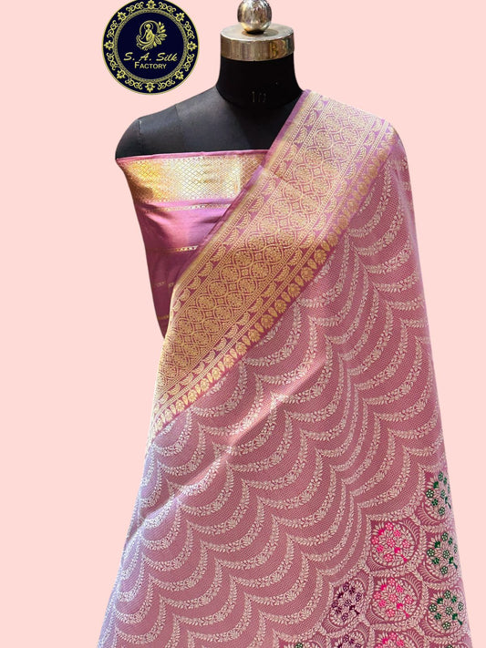 Banaras 100% Pure katan Silk Saree with allover antique kadua Mina silver jari jaal