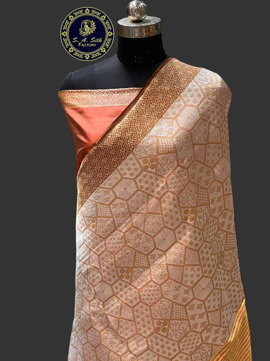 Banaras 100% Pure katan Silk Saree with allover antique Zari Skirt weave Design