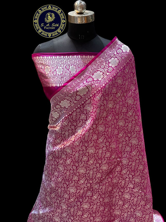 Banaras 100% Pure katan Tanchui Silk Saree with allover Silver Zari jaal weave