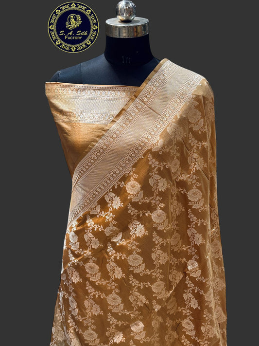 Banaras 100% Pure katan Silk Saree with allover antique zari weave jaal Design (Cider Brown)