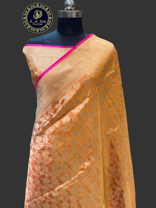 Banaras 100% Pure katan Silk Saree with allover zari weave Design and Zari border (Dual Peach)