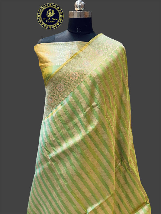 Banaras 100% pure katan silk Saree with allover real zari weave antique Stripe weave (Green)