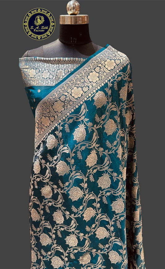 Banaras 100% pure katan silk Saree with allover real zari weave antique jaal design (Dark Rama Green)