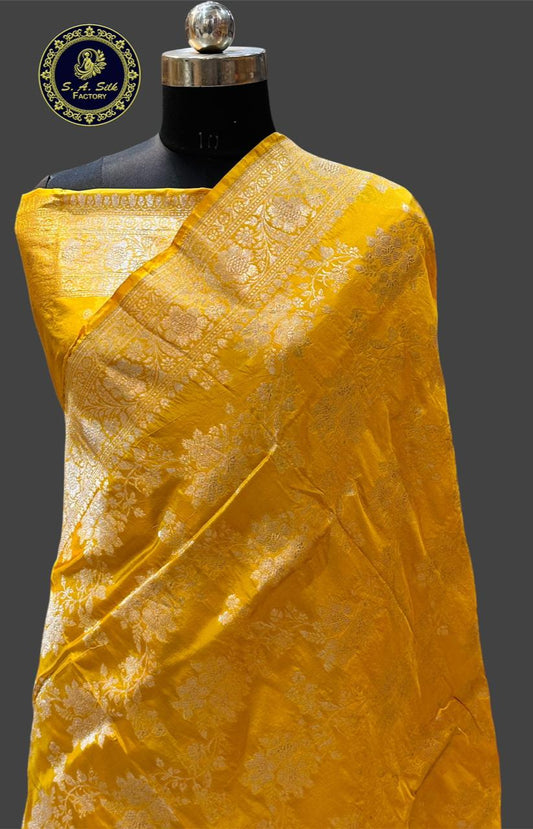 Banaras 100% pure katan silk Saree with allover real zari weave antique jaal design (Mustard sandle yellow)